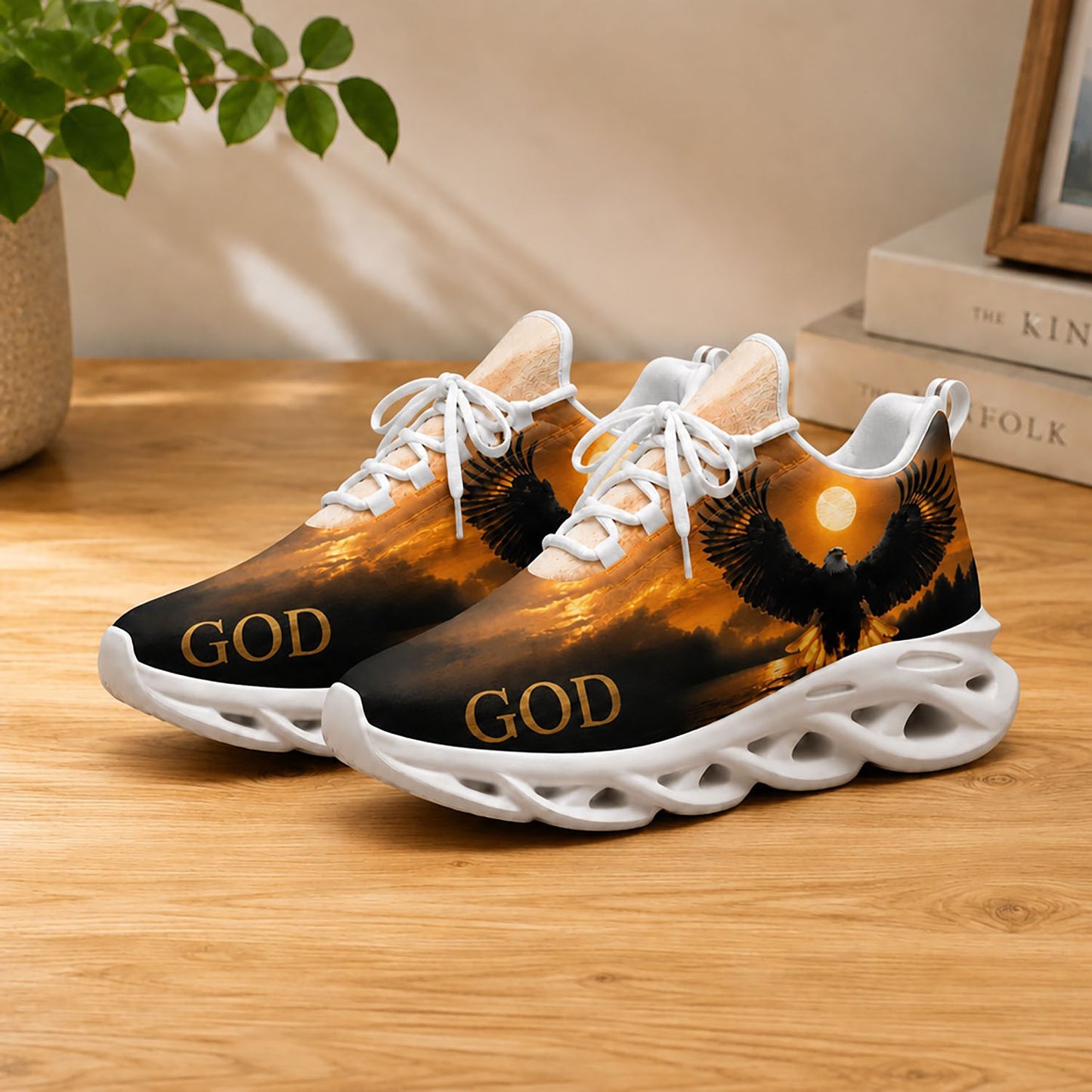 Lifestyle display of Custom Name Eagle God Max Soul shoes with white soles styled on a warm tone wooden table