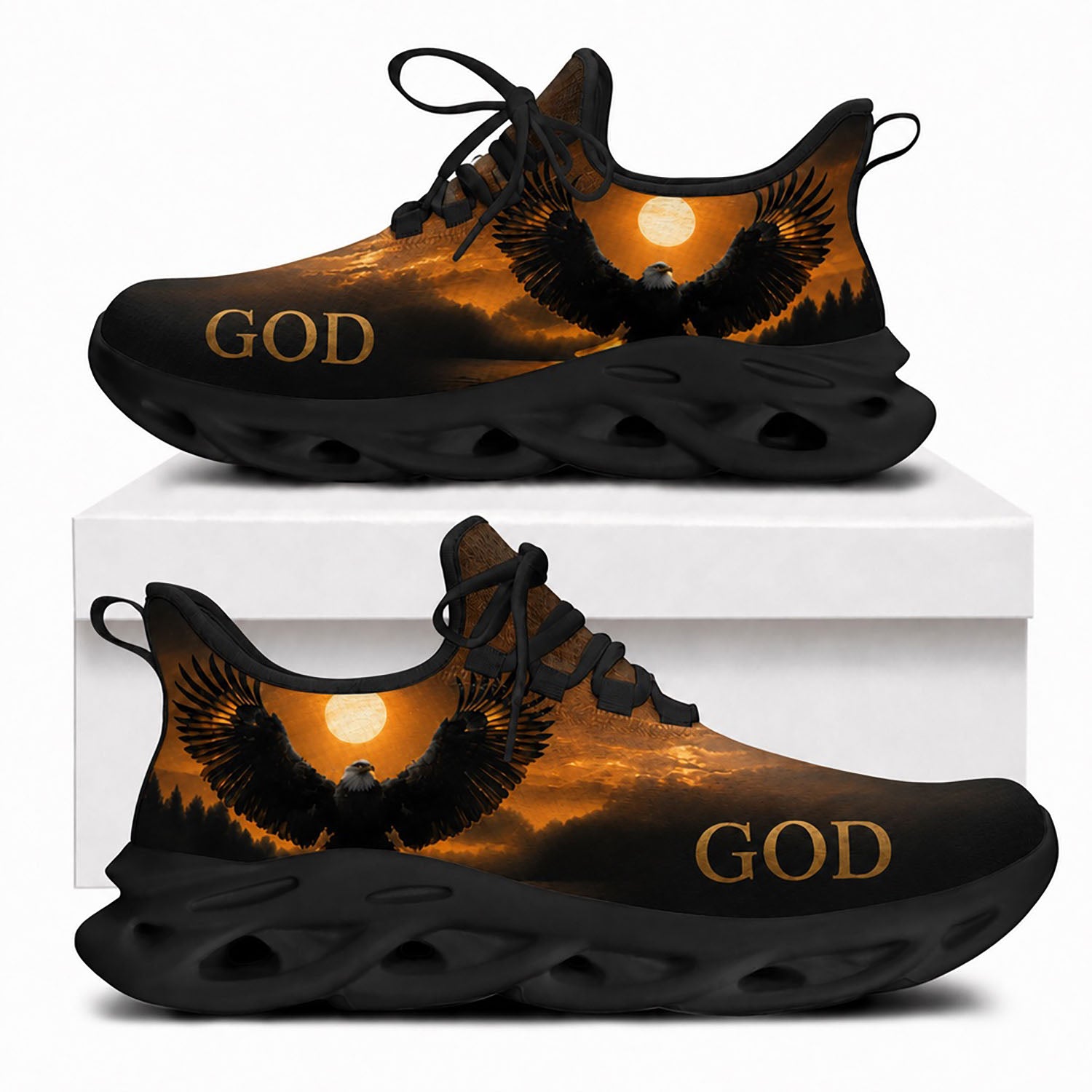 Side view of Custom Name Eagle God Sunset Max Soul Shoes in black sole showing personalization name layout