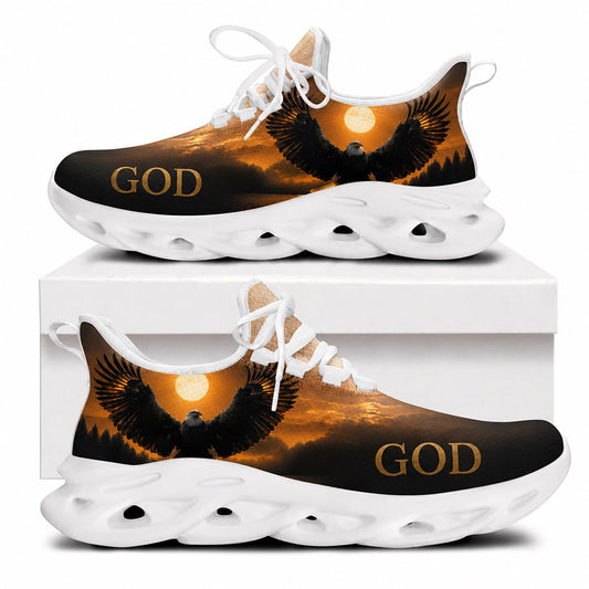 Side view of Custom Name Eagle God Sunset Max Soul Shoes in white sole featuring majestic flying eagle design