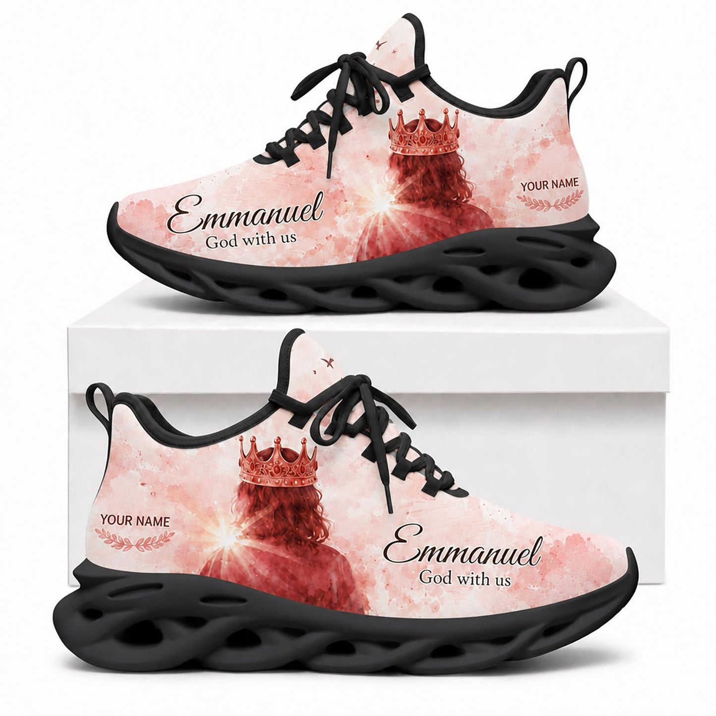 Side profile of Custom Name Emmanuel God With Us Max Soul Shoes in black sole showing the personalizable name text zone