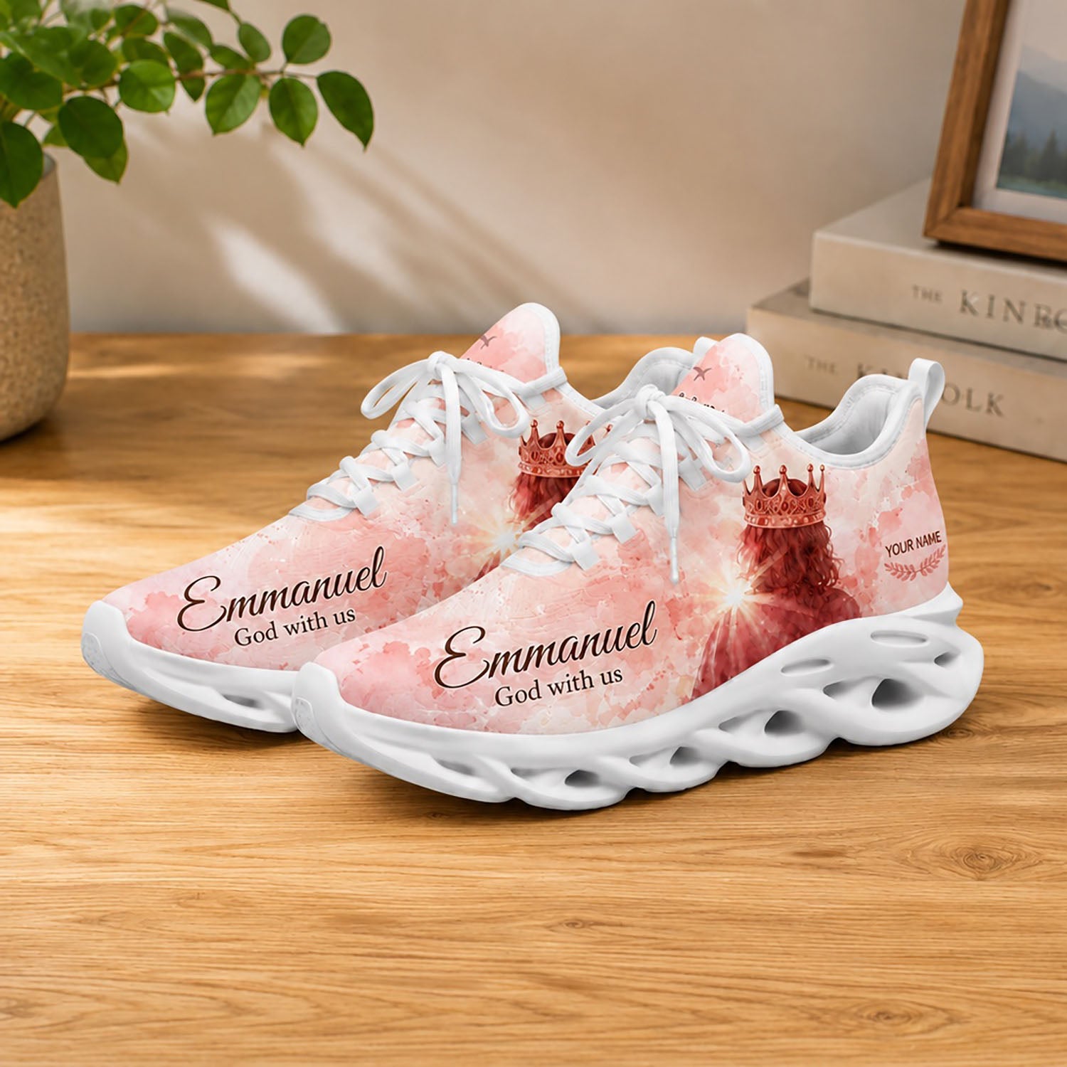 Lifestyle product photography of Custom Name Emmanuel God With Us Max Soul shoes with white soles styled on a wooden tabletop