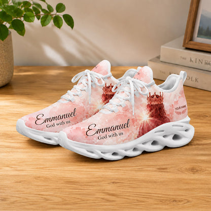 Lifestyle product photography of Custom Name Emmanuel God With Us Max Soul shoes with white soles styled on a wooden tabletop