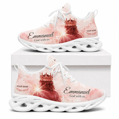 Side profile of Custom Name Emmanuel God With Us Max Soul Shoes on white soles featuring Jesus with a golden crown in pink watercolor