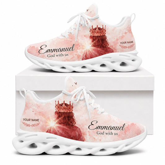 Side profile of Custom Name Emmanuel God With Us Max Soul Shoes on white soles featuring Jesus with a golden crown in pink watercolor