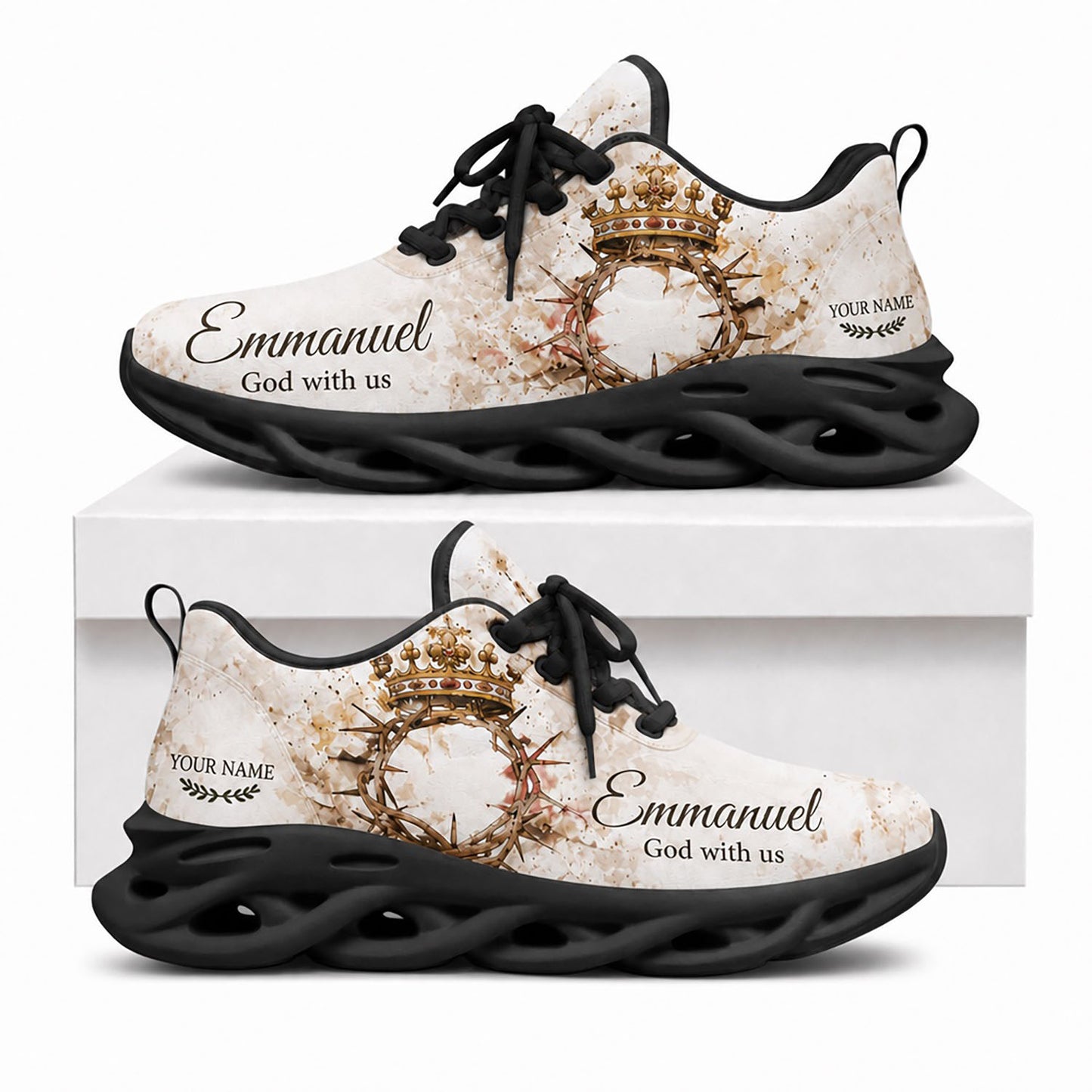 Side view of Custom Name Emmanuel God With Us Max Soul Shoes in black sole showing custom text area