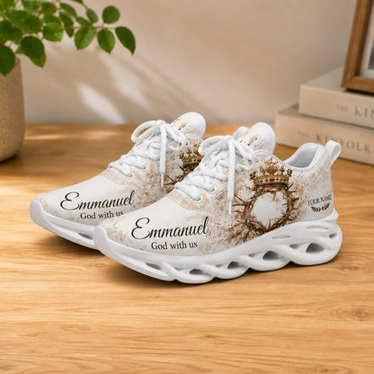 Lifestyle display of Custom Name Emmanuel God With Us Max Soul shoes with white soles styled on a modern wooden table