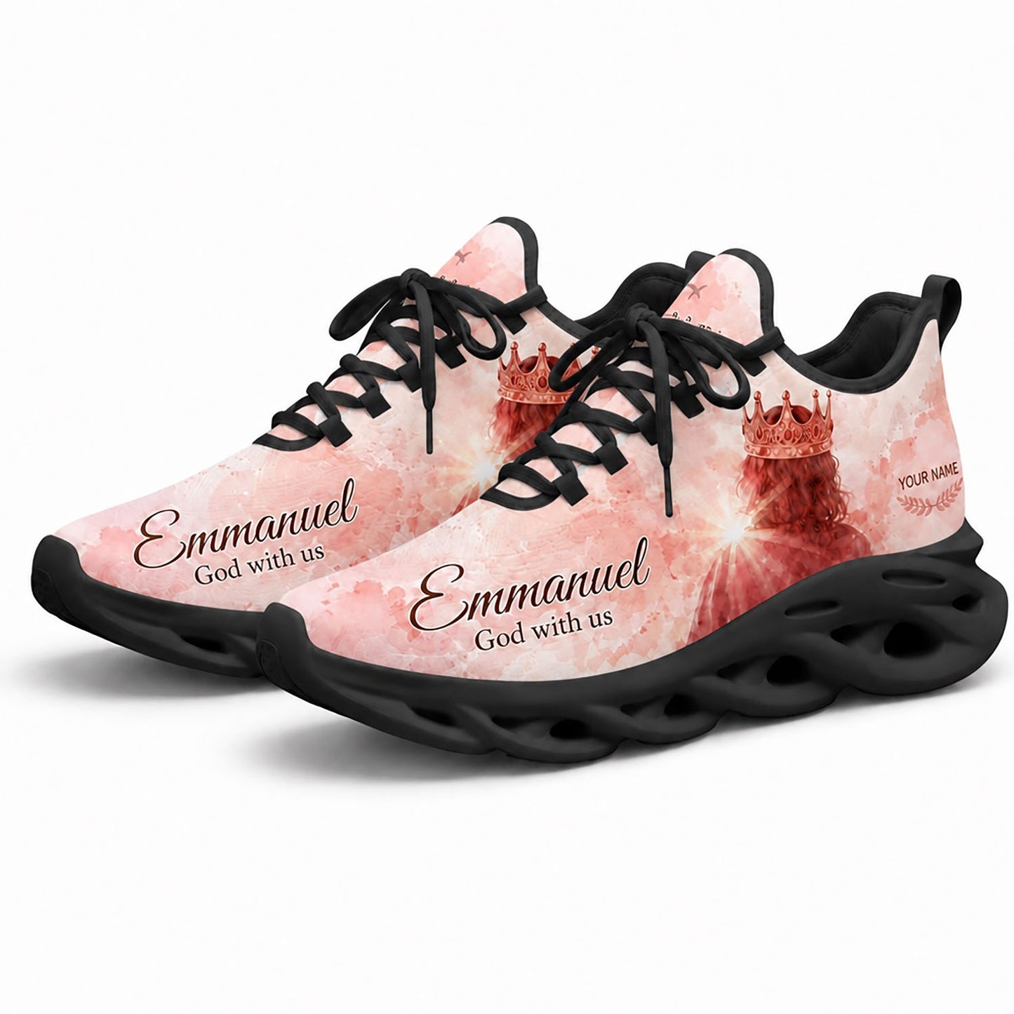 Pair of Christian Emmanuel sneakers featuring a soft pink watercolor canvas print with dynamic black traction soles