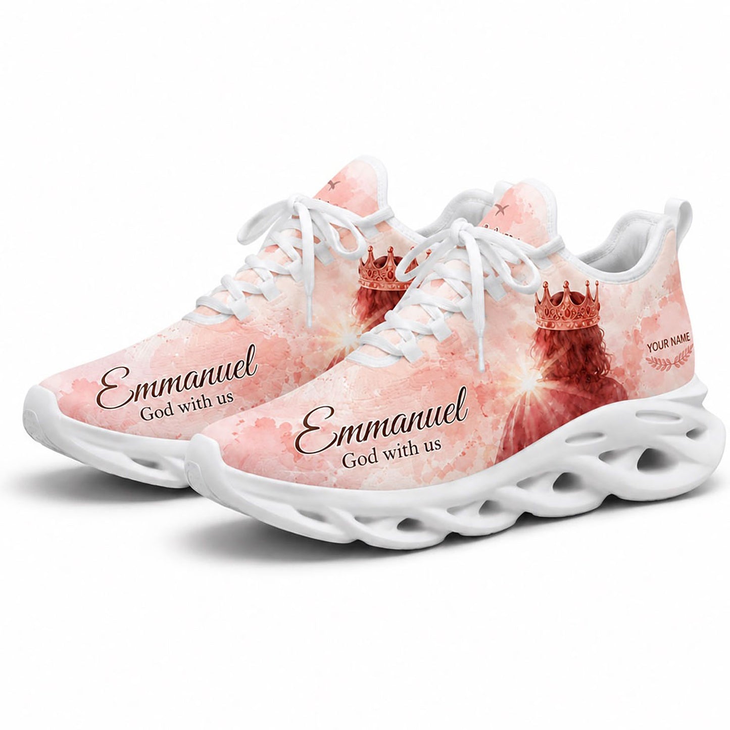 Angled pair of Christian Emmanuel sneakers with bright light rays and custom text graphics on clean white soles