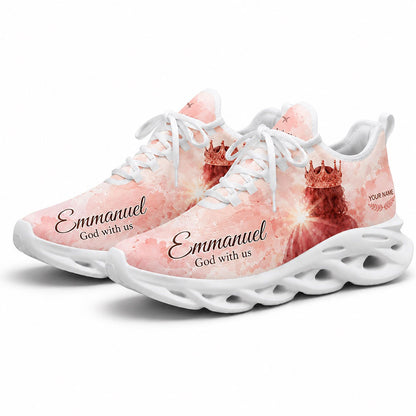 Angled pair of Christian Emmanuel sneakers with bright light rays and custom text graphics on clean white soles