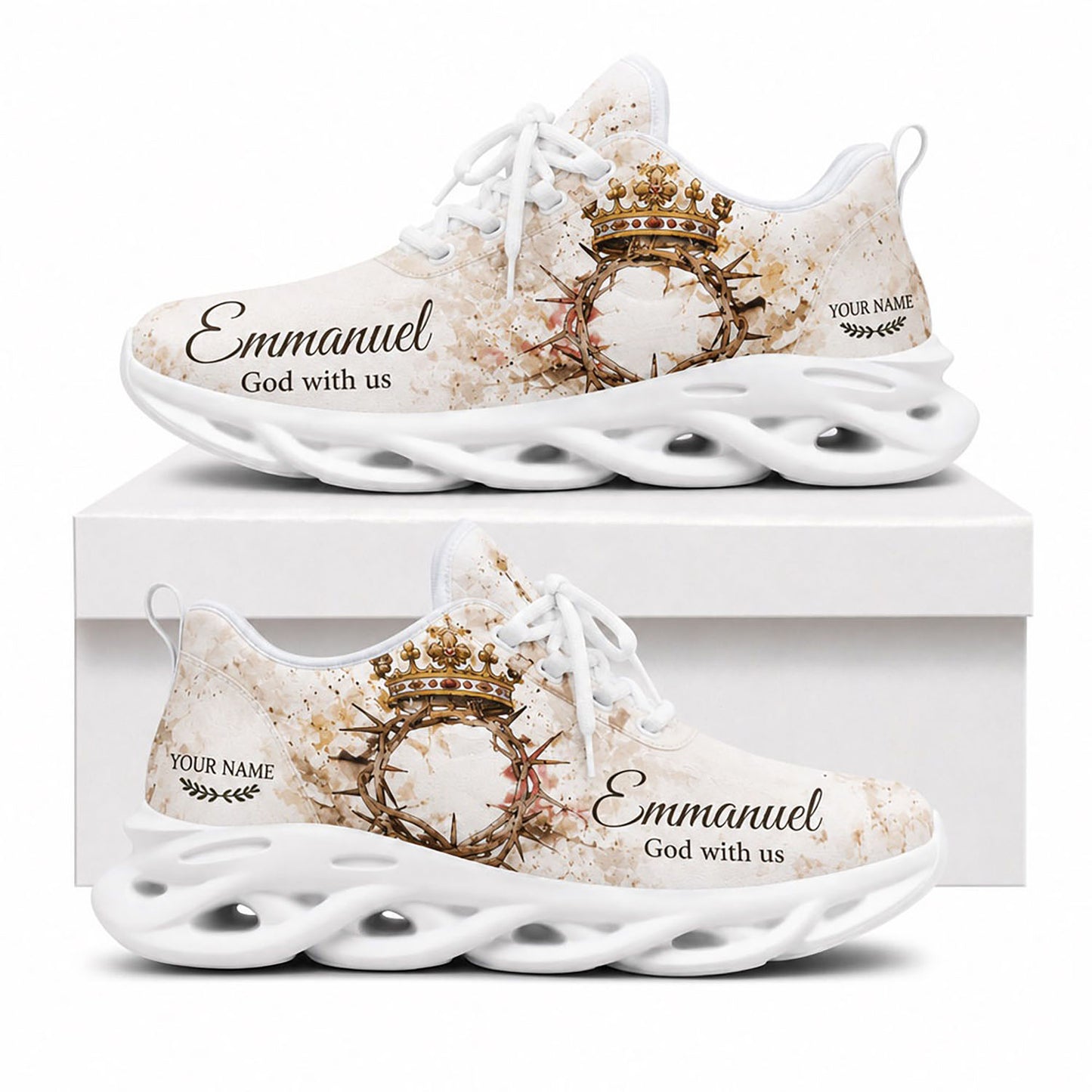 Side view of Custom Name Emmanuel God With Us Max Soul Shoes in white sole featuring crown of thorns design