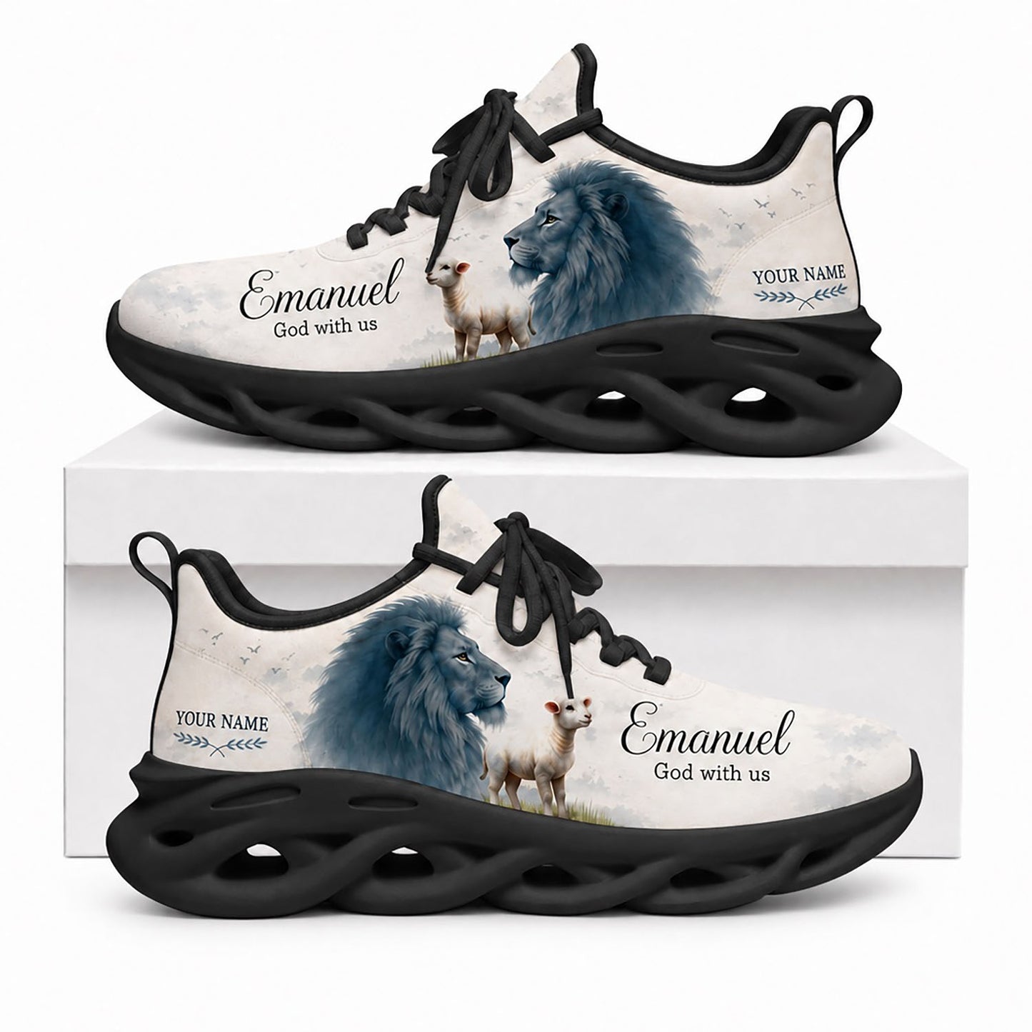 Side view of Custom Name Emmanuel Lion and Lamb Max Soul Shoes in black sole showing the custom name field