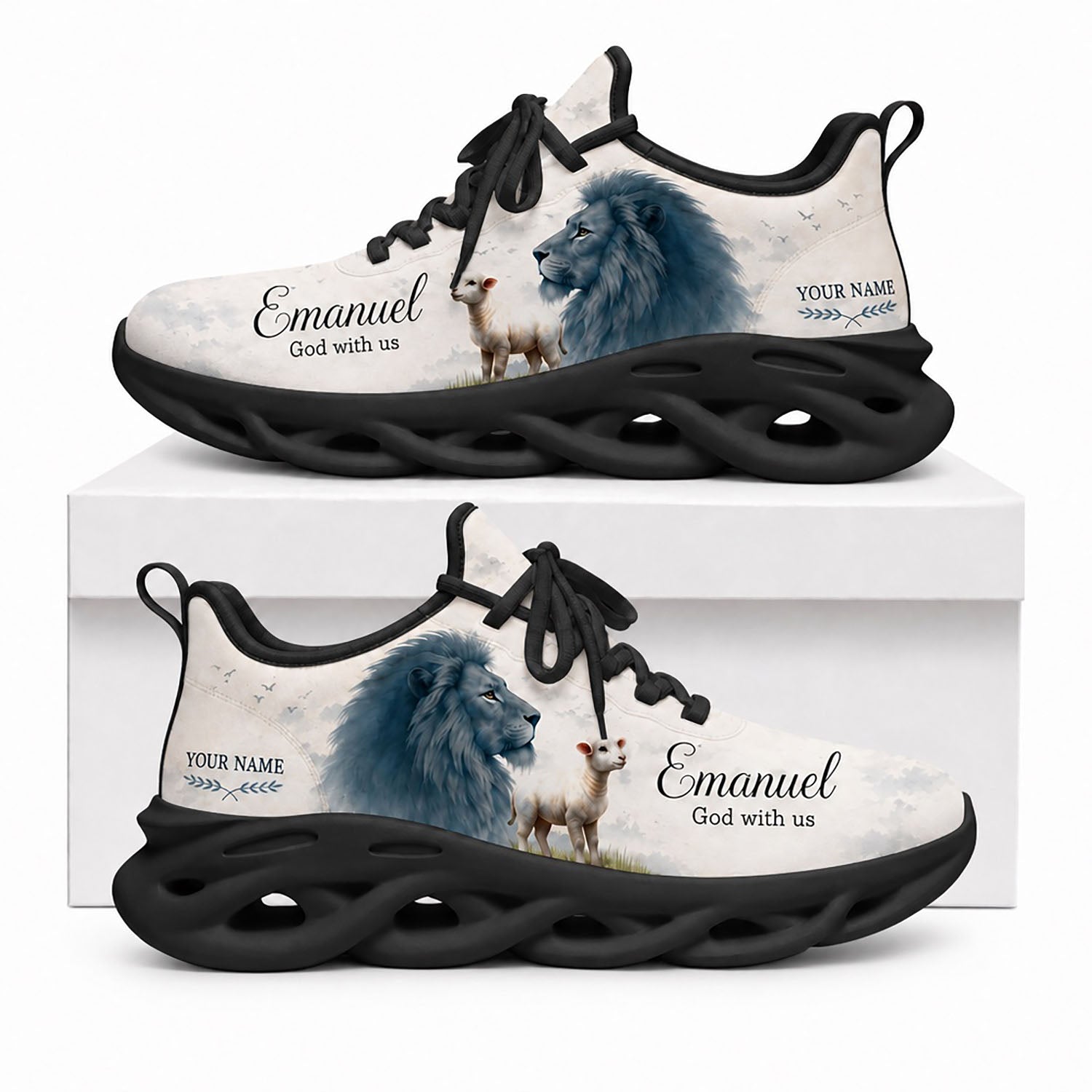Side view of Custom Name Emmanuel Lion and Lamb Max Soul Shoes in black sole showing the custom name field