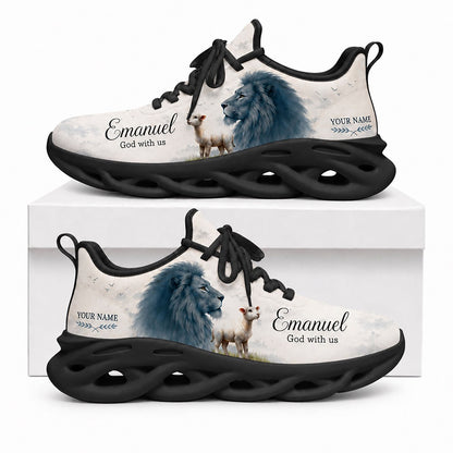 Side view of Custom Name Emmanuel Lion and Lamb Max Soul Shoes in black sole showing the custom name field