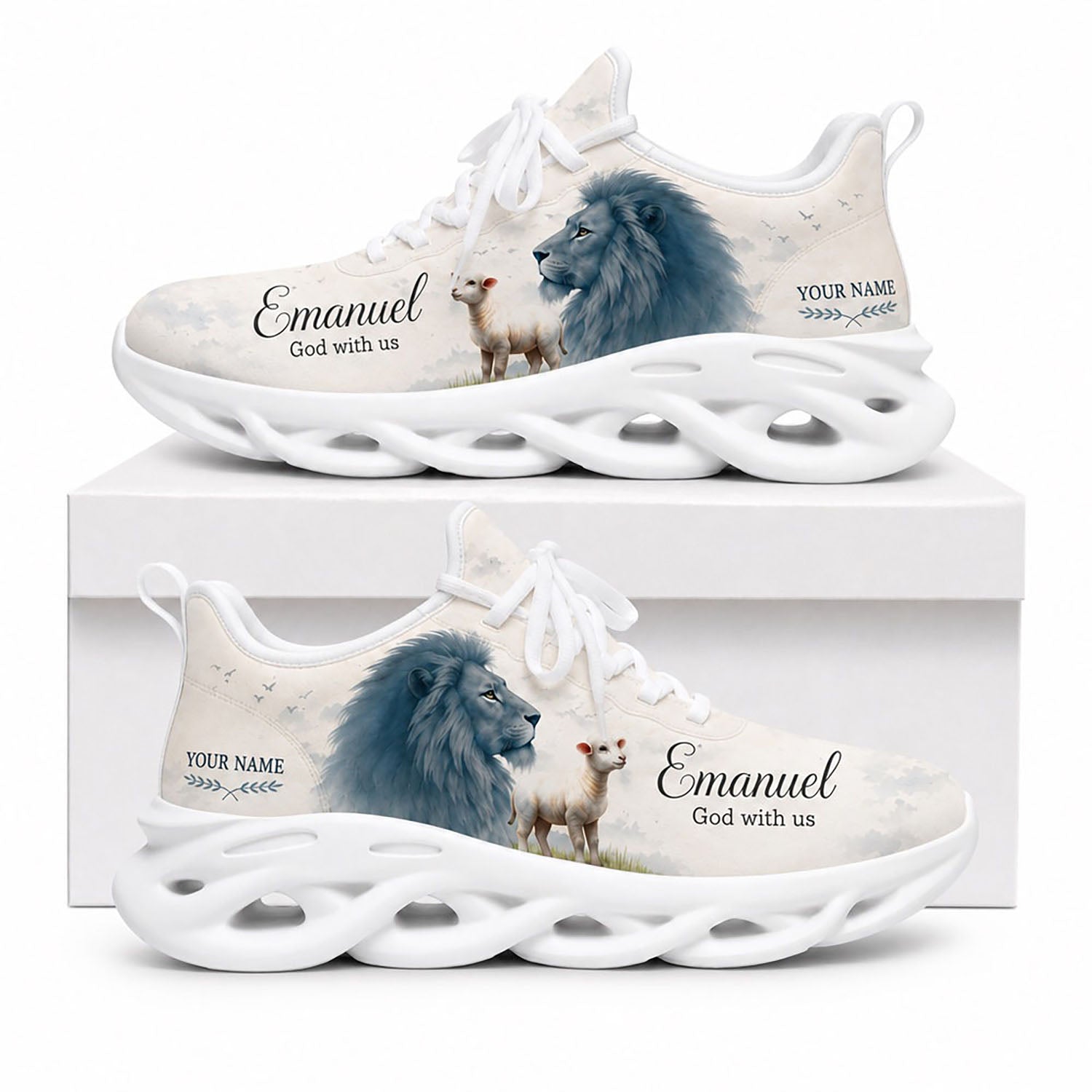 Side view of Custom Name Emmanuel Lion and Lamb Max Soul Shoes in white sole featuring biblical artwork