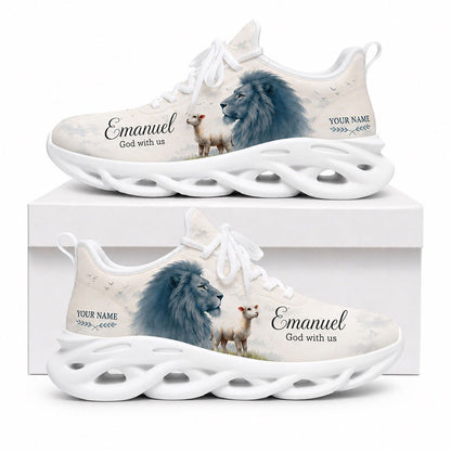Side view of Custom Name Emmanuel Lion and Lamb Max Soul Shoes in white sole featuring biblical artwork