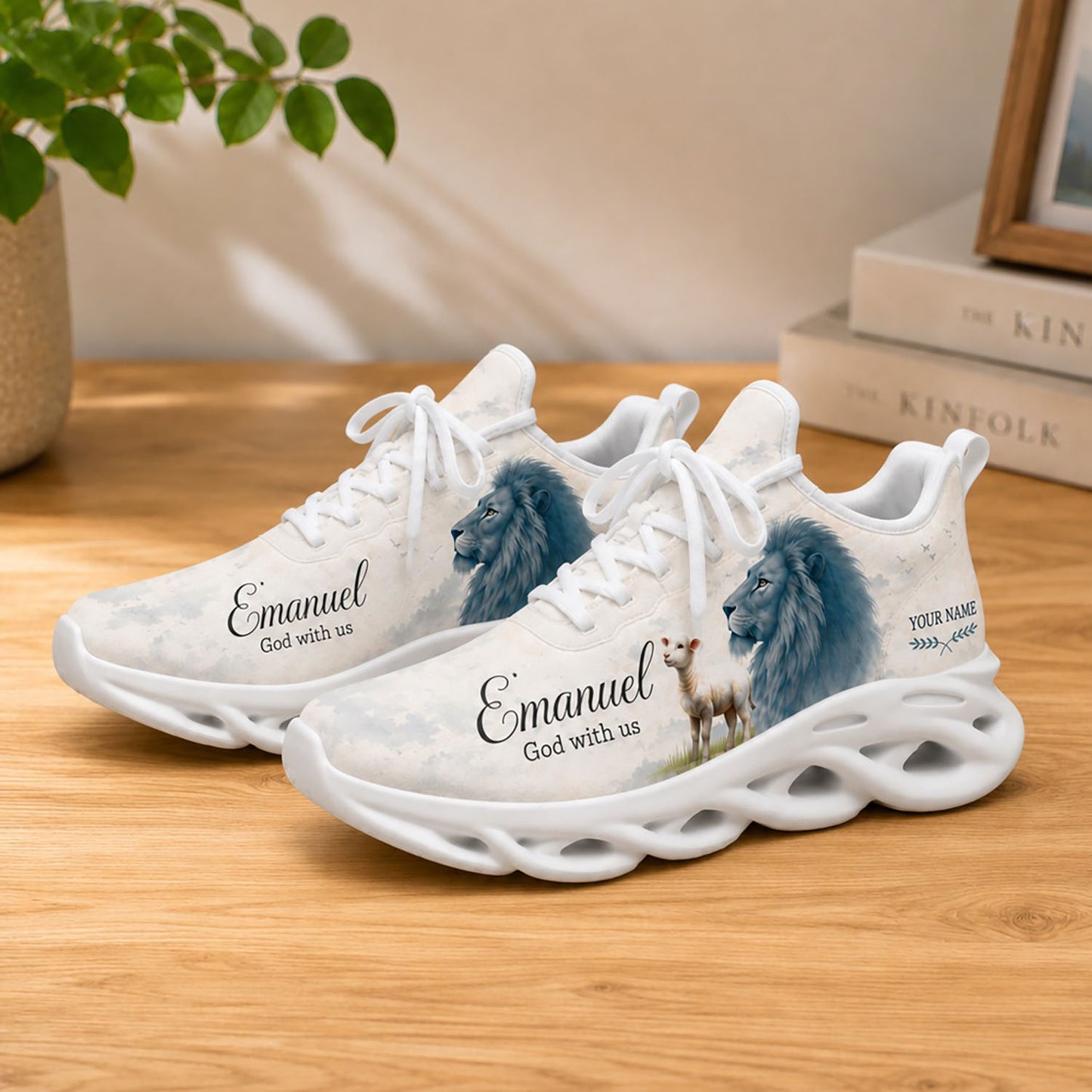 Lifestyle display of Custom Name Emmanuel Lion Lamb Max Soul shoes with white soles styled on a modern wooden table