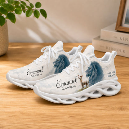 Lifestyle display of Custom Name Emmanuel Lion Lamb Max Soul shoes with white soles styled on a modern wooden table
