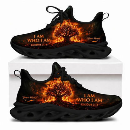 Christian shoes with a blazing burning bush design and Exodus 3:14 scripture on black wavy soles