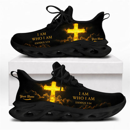 Christian shoes with a glowing golden cross amidst heavenly clouds and Exodus 3:14 scripture on black soles
