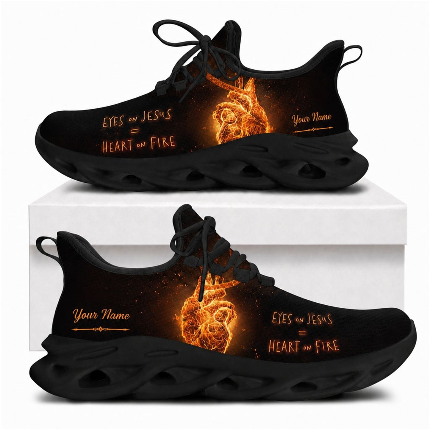 Christian sneakers featuring a fiery heart design and "Eyes on Jesus = Heart on Fire" text on black wavy soles