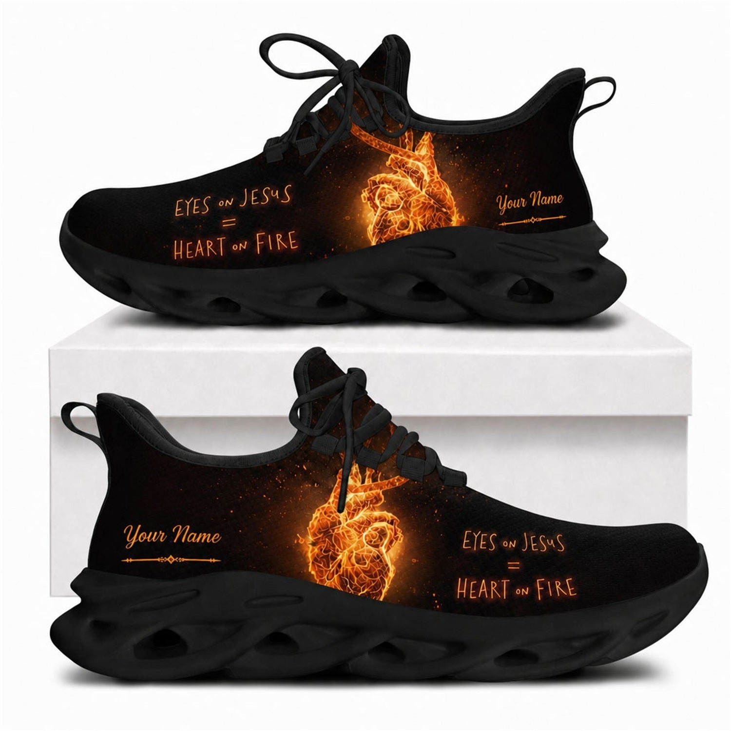 Christian sneakers featuring a fiery heart design and "Eyes on Jesus = Heart on Fire" text on black wavy soles
