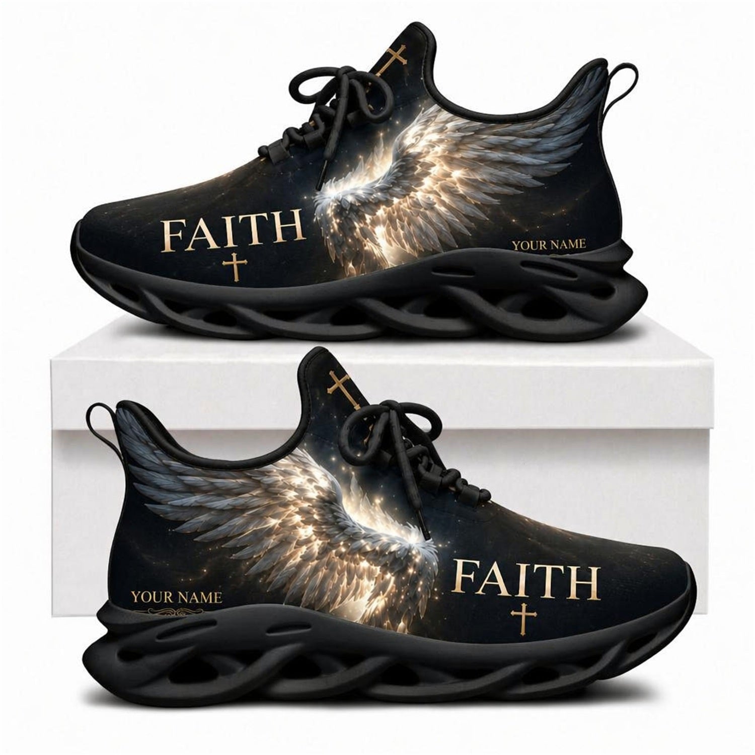 Christian sneakers featuring glowing angel wings, gold cross, and "FAITH" text on black wavy soles