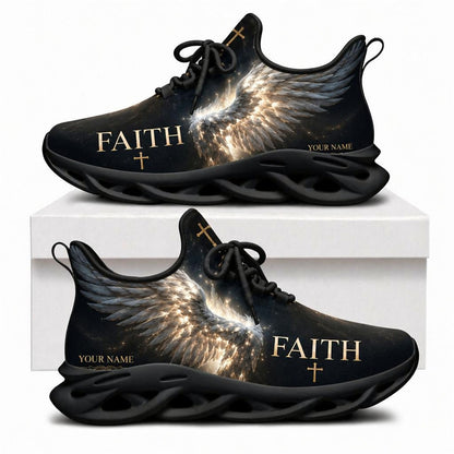 Christian sneakers featuring glowing angel wings, gold cross, and "FAITH" text on black wavy soles