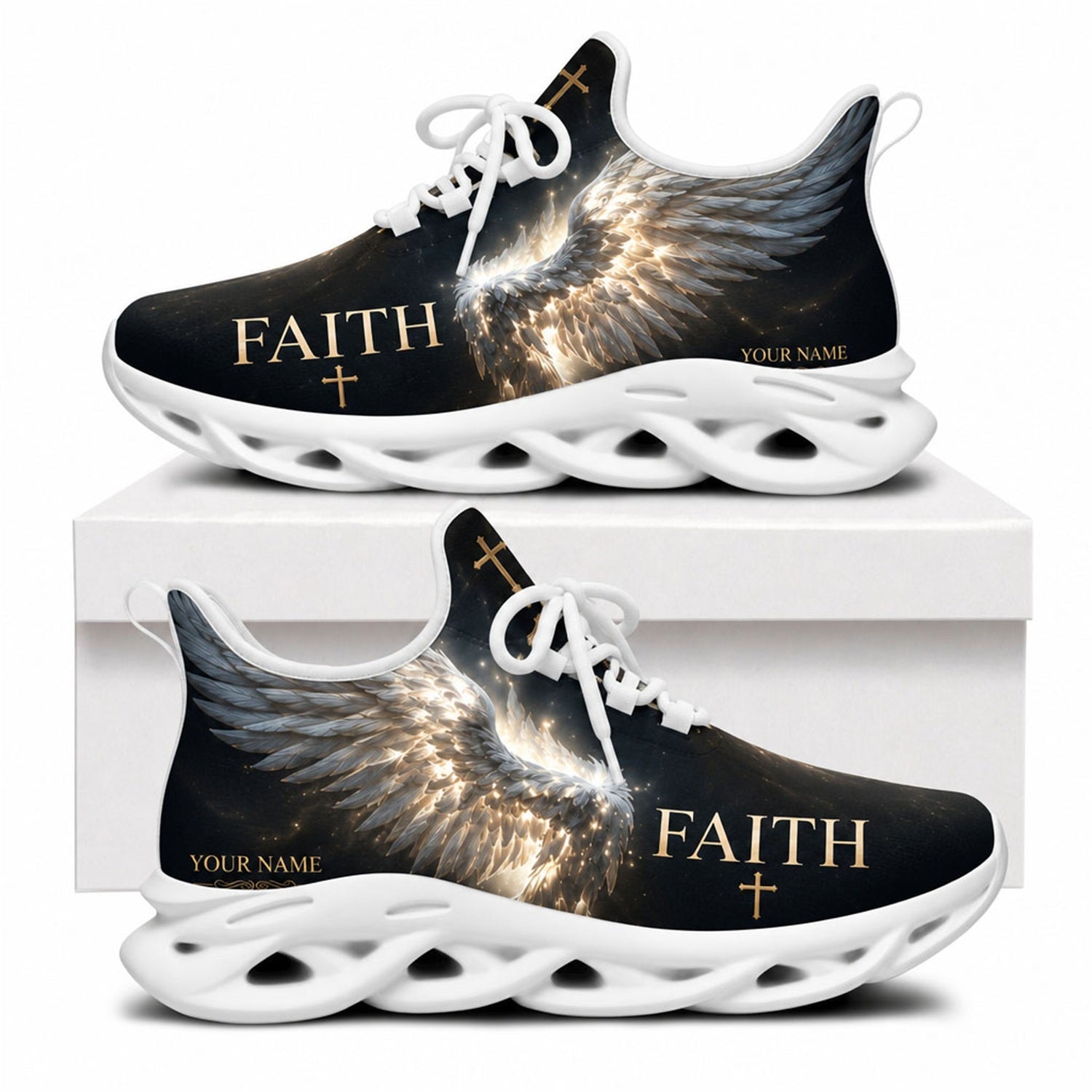 Side view of Celestial Faith sneakers with angel wing art and cross design on white outsoles