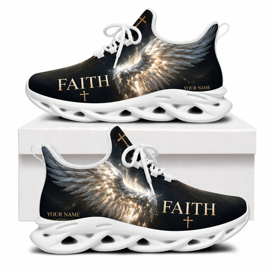 Side view of Celestial Faith sneakers with angel wing art and cross design on white outsoles