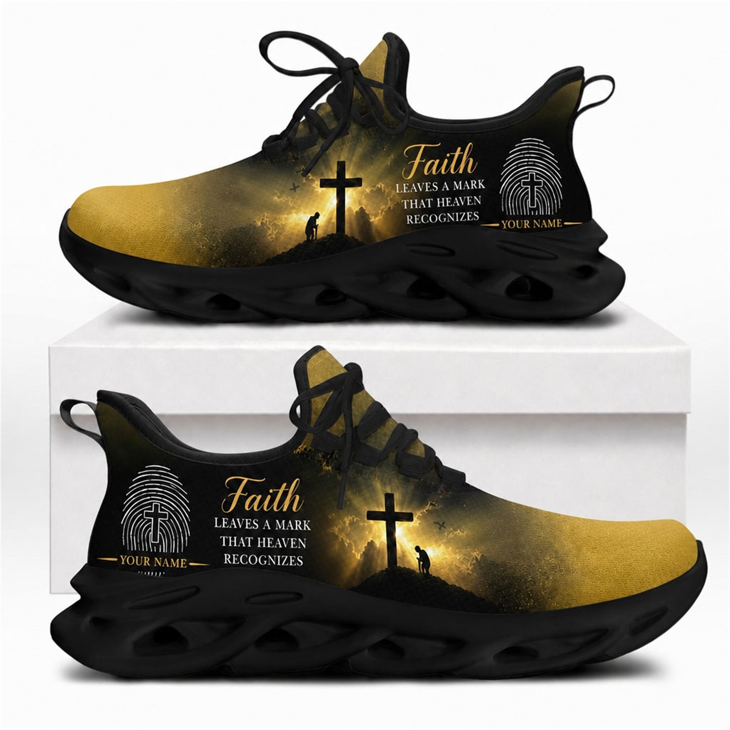 Christian sneakers with "Faith Leaves a Mark" text and cross-fingerprint design on black wavy soles