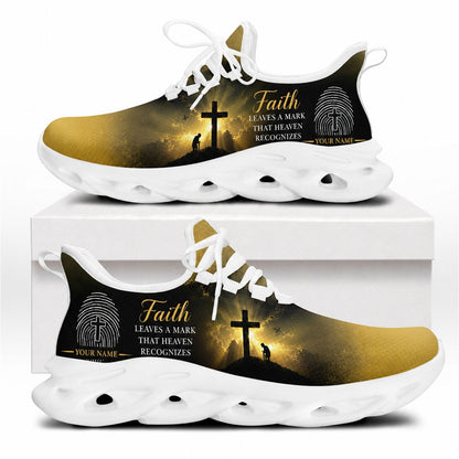 Side view of faith sneakers with cross-fingerprint motif and inspirational text on white outsoles