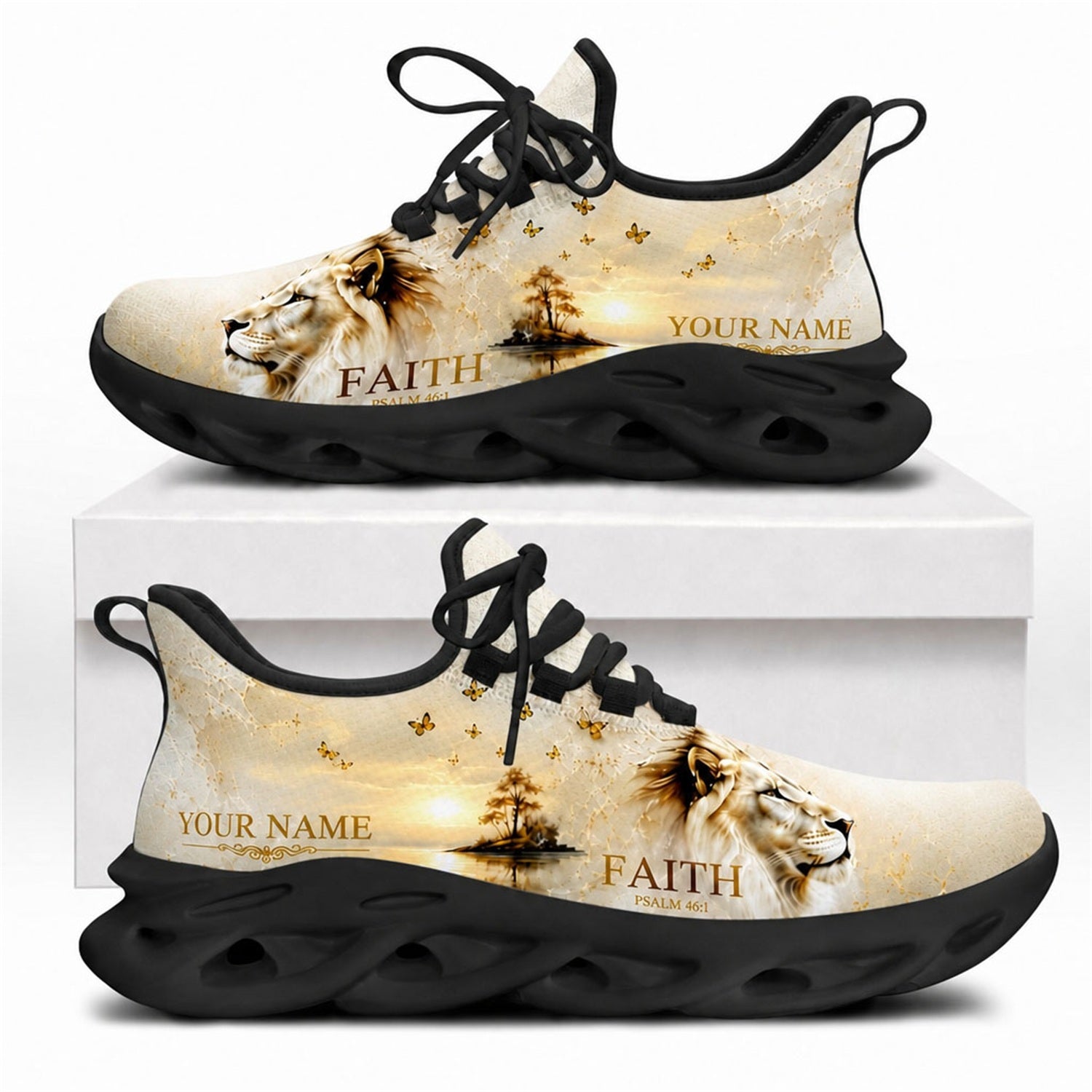 Christian sneakers with lion, butterfly art, and "Faith Psalm 46:1" text on black wavy soles