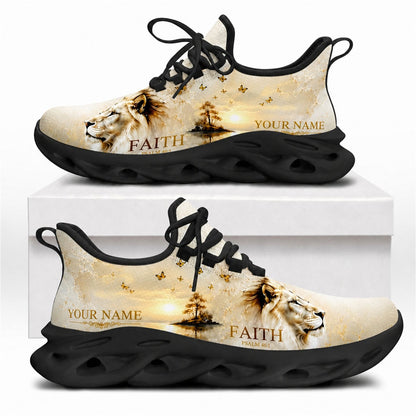 Christian sneakers with lion, butterfly art, and "Faith Psalm 46:1" text on black wavy soles