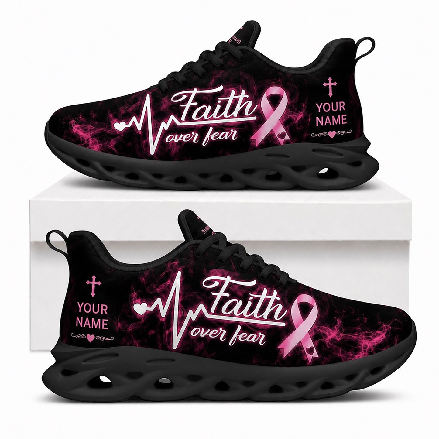 Side view of Custom Name Faith Over Fear Breast Cancer Max Soul Shoes in black sole showing the personalizable text field