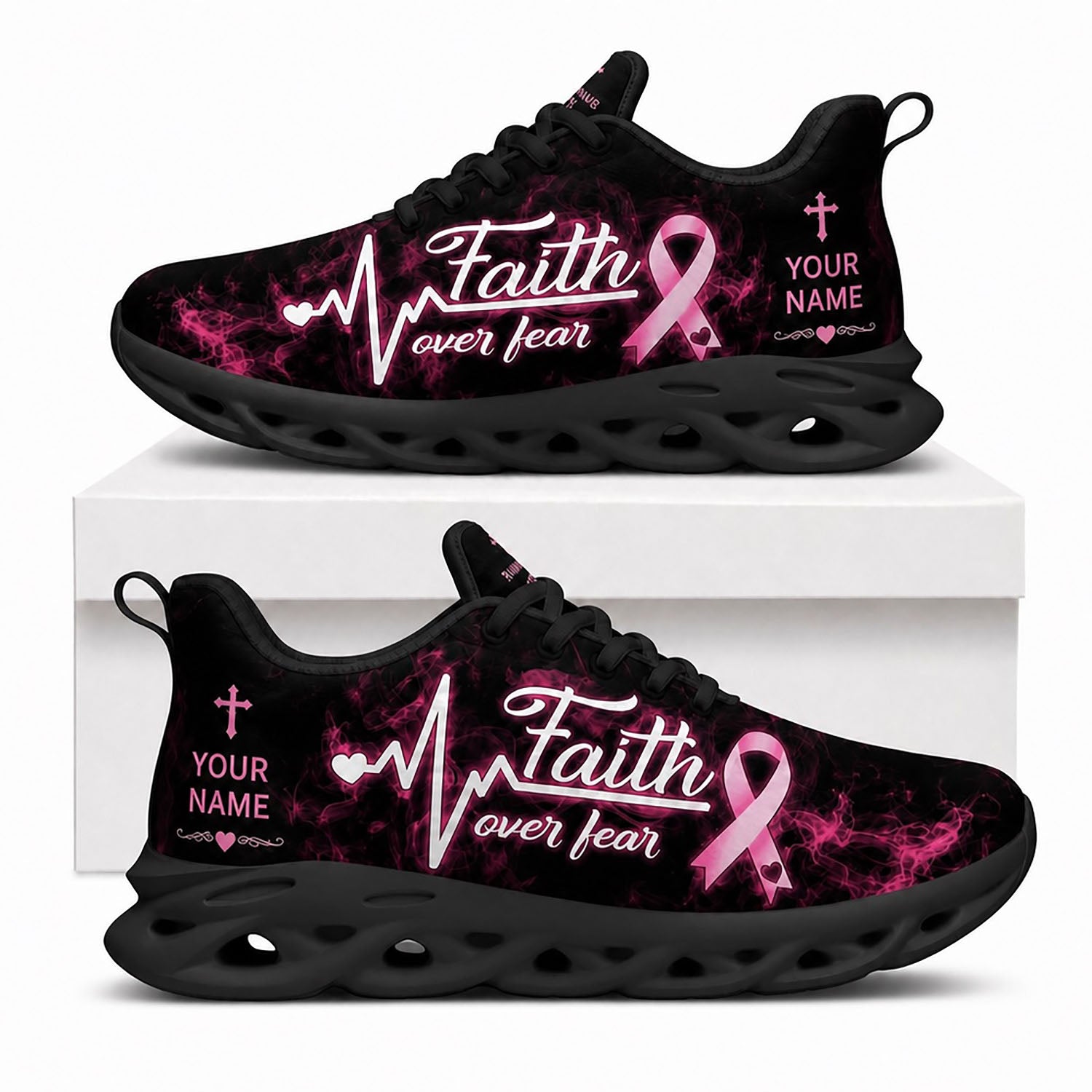 Side view of Custom Name Faith Over Fear Breast Cancer Max Soul Shoes in black sole showing the personalizable text field