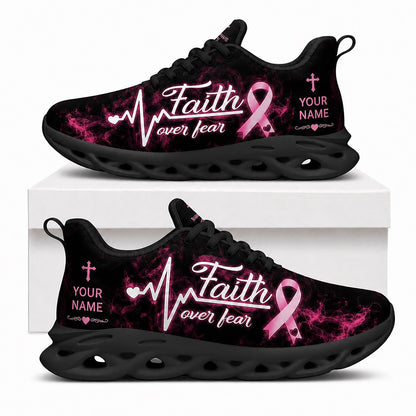 Side view of Custom Name Faith Over Fear Breast Cancer Max Soul Shoes in black sole showing the personalizable text field