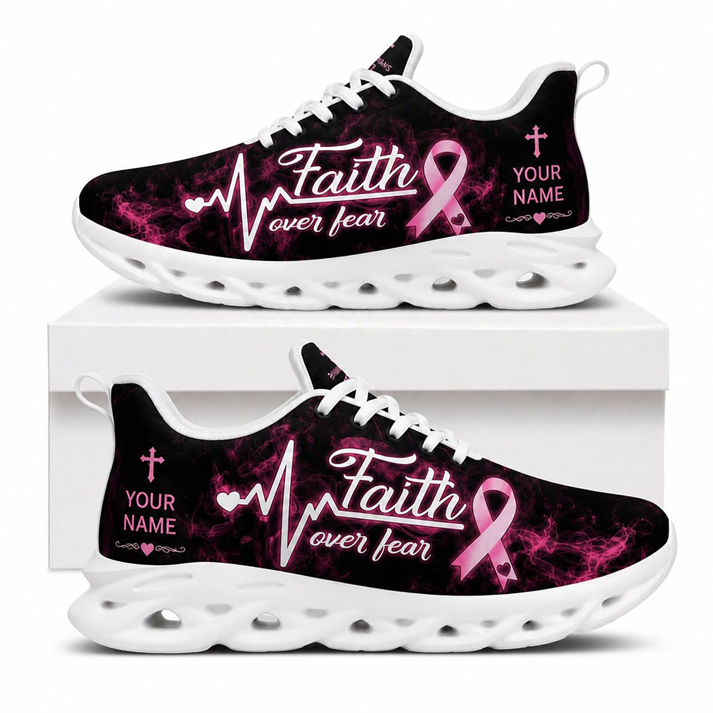 Side view of Custom Name Faith Over Fear Breast Cancer Max Soul Shoes in white sole featuring pink ribbon and heartbeat design