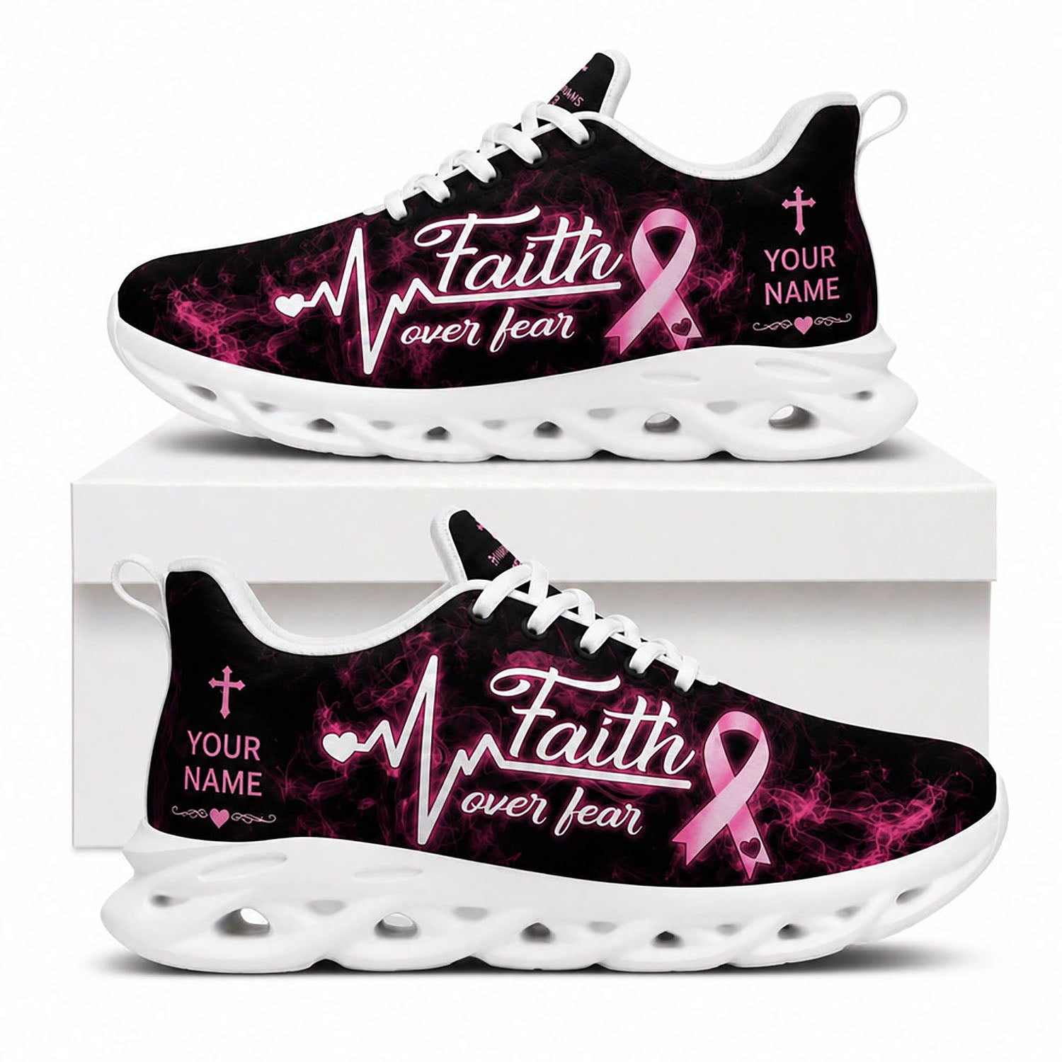 Side view of Custom Name Faith Over Fear Breast Cancer Max Soul Shoes in white sole featuring pink ribbon and heartbeat design
