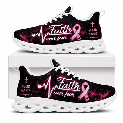 Side view of Custom Name Faith Over Fear Breast Cancer Max Soul Shoes in white sole featuring pink ribbon and heartbeat design