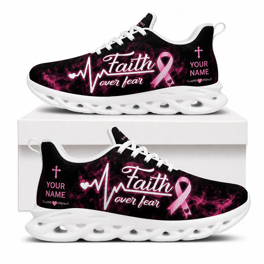 Side view of Custom Name Faith Over Fear Breast Cancer Max Soul Shoes in white sole featuring pink ribbon and heartbeat design