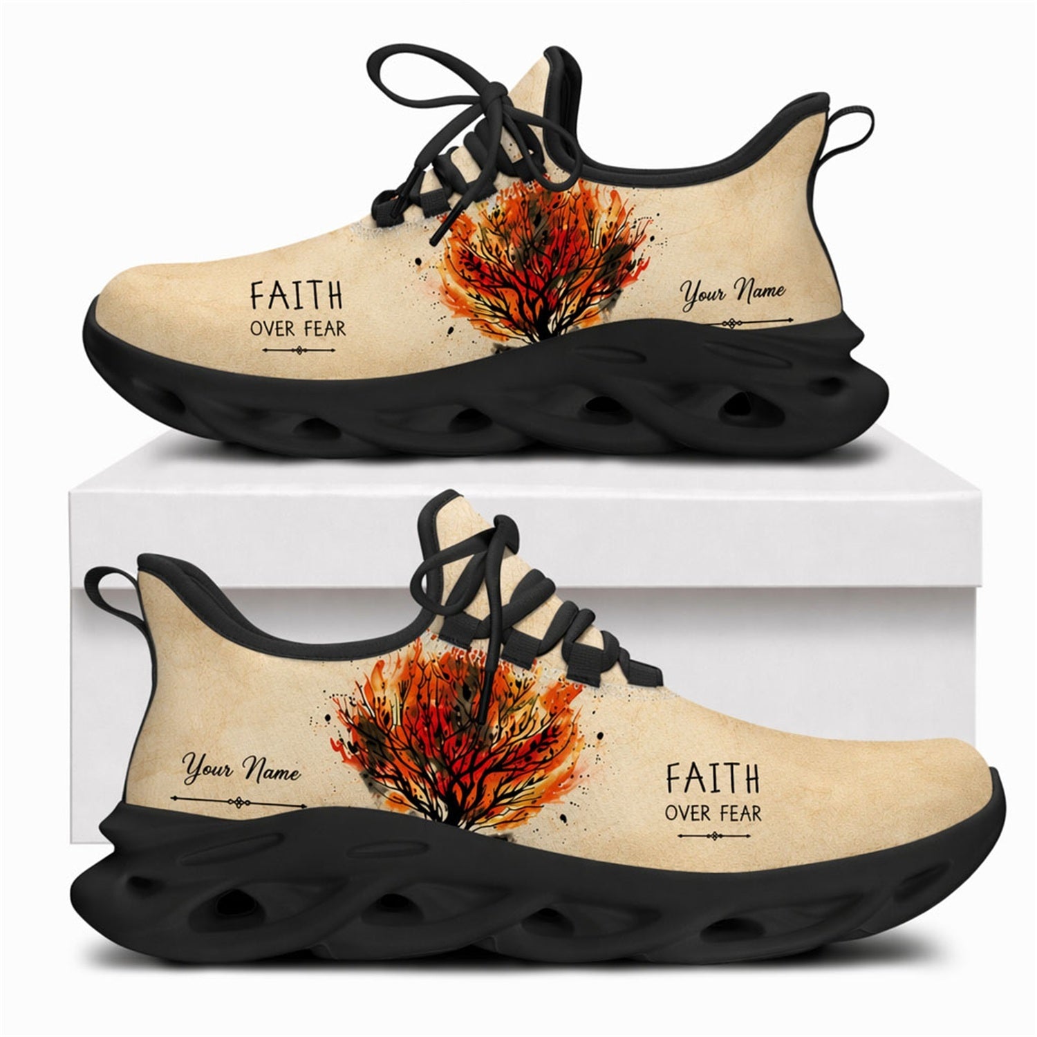 Christian sneakers featuring a burning tree design and "Faith Over Fear" text on black wavy soles