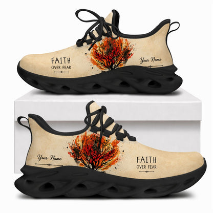 Christian sneakers featuring a burning tree design and "Faith Over Fear" text on black wavy soles