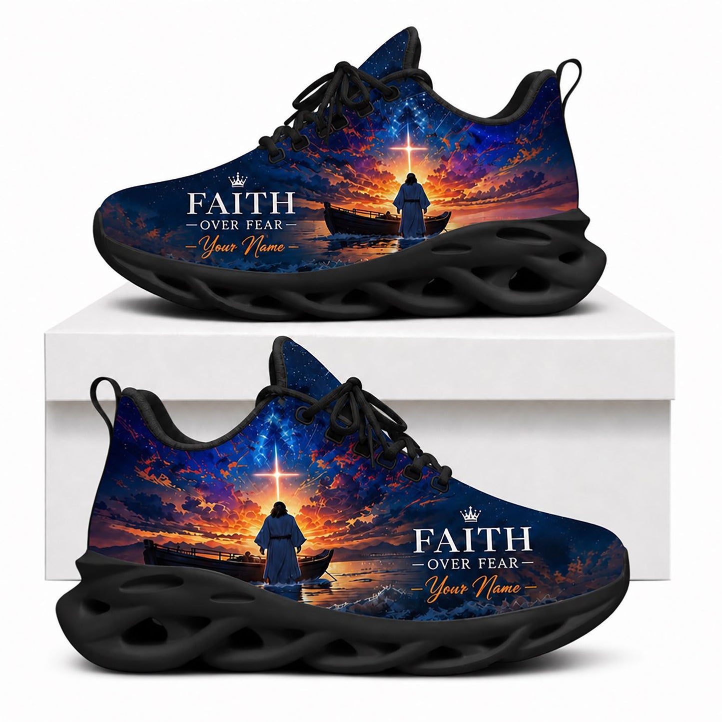 Side view of Custom Name Faith Over Fear Jesus Max Soul Shoes in black sole showing the personalized name placement