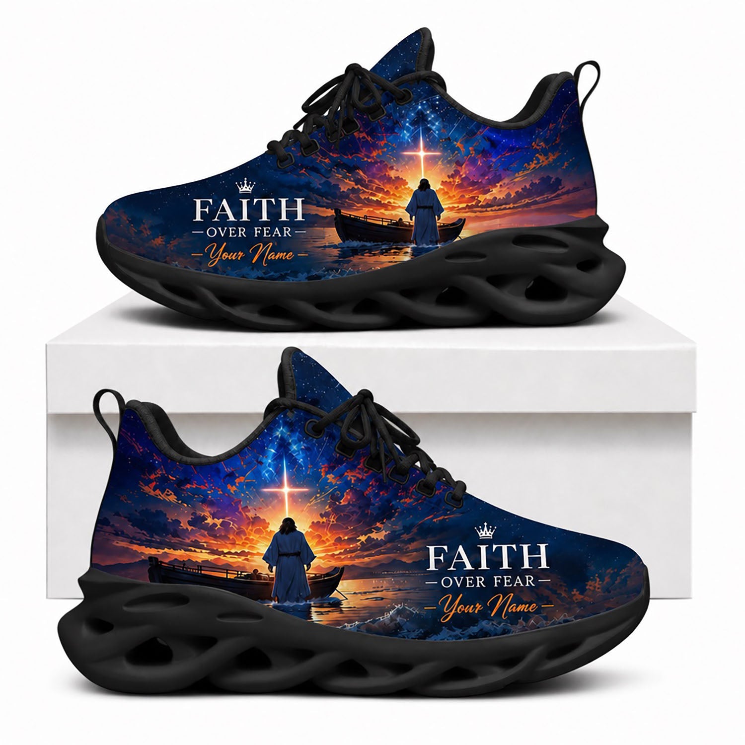 Side view of Custom Name Faith Over Fear Jesus Max Soul Shoes in black sole showing the personalized name placement