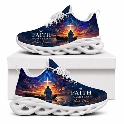 Side view of Custom Name Faith Over Fear Jesus Max Soul Shoes in white sole featuring Jesus walking on water art