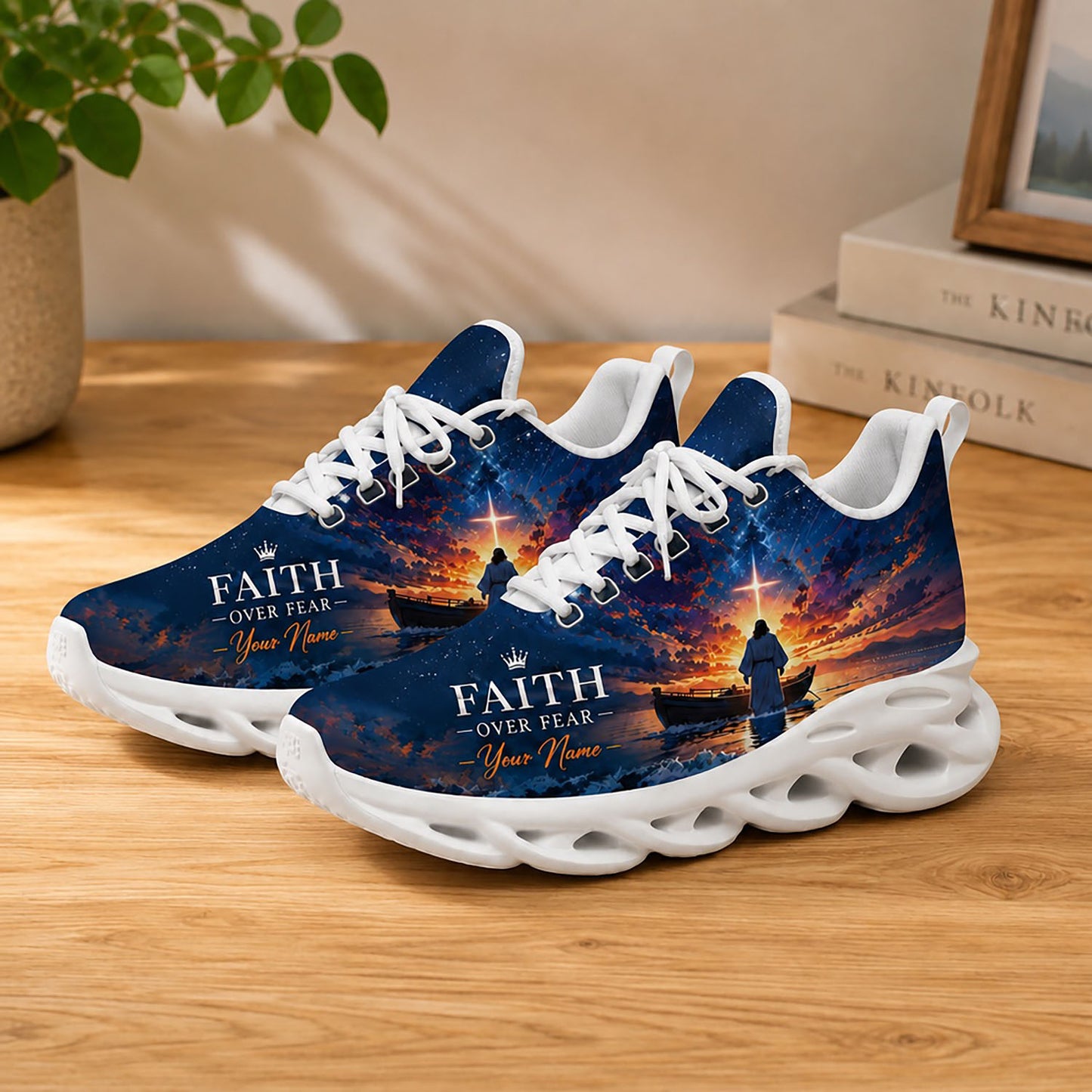 Lifestyle display of Custom Name Faith Over Fear Max Soul shoes with white soles styled on a modern wooden table
