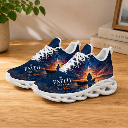 Lifestyle display of Custom Name Faith Over Fear Max Soul shoes with white soles styled on a modern wooden table