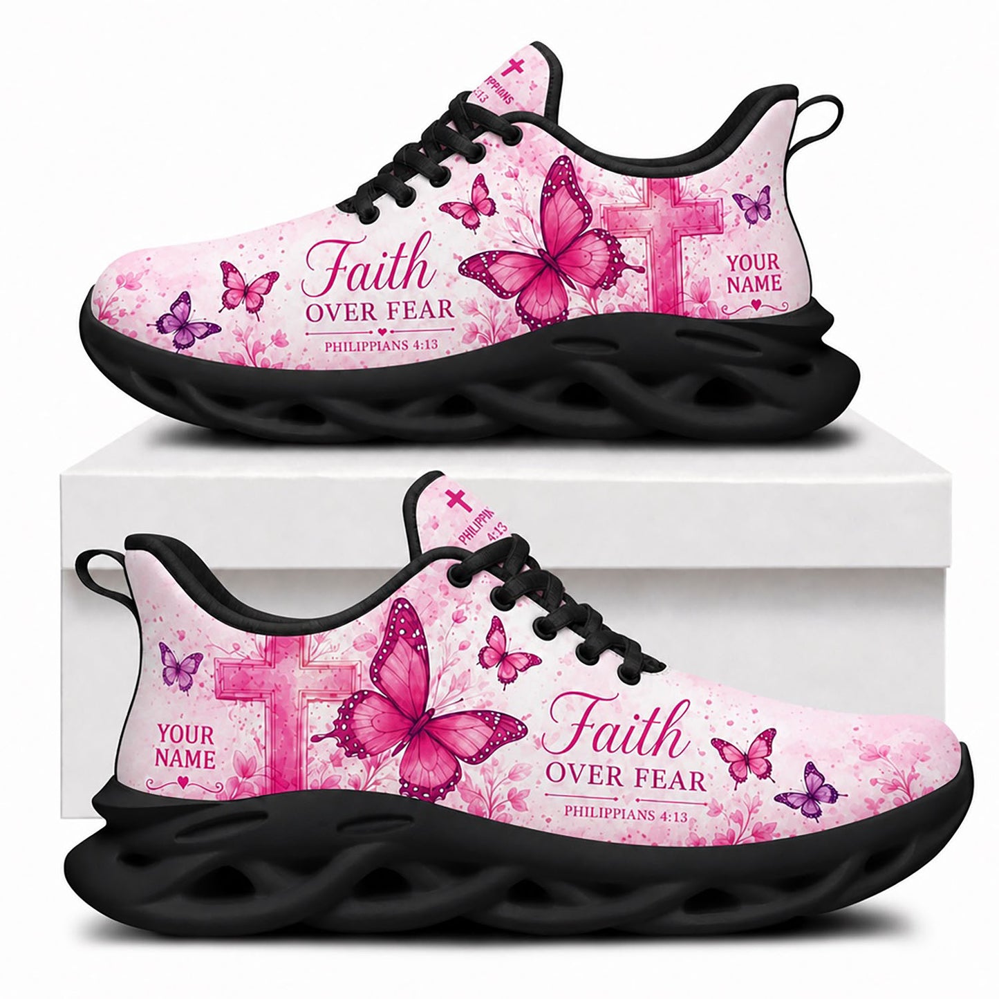 Side view of Custom Name Faith Over Fear Philippians 4:13 Max Soul Shoes in black sole showing the personalizable name area