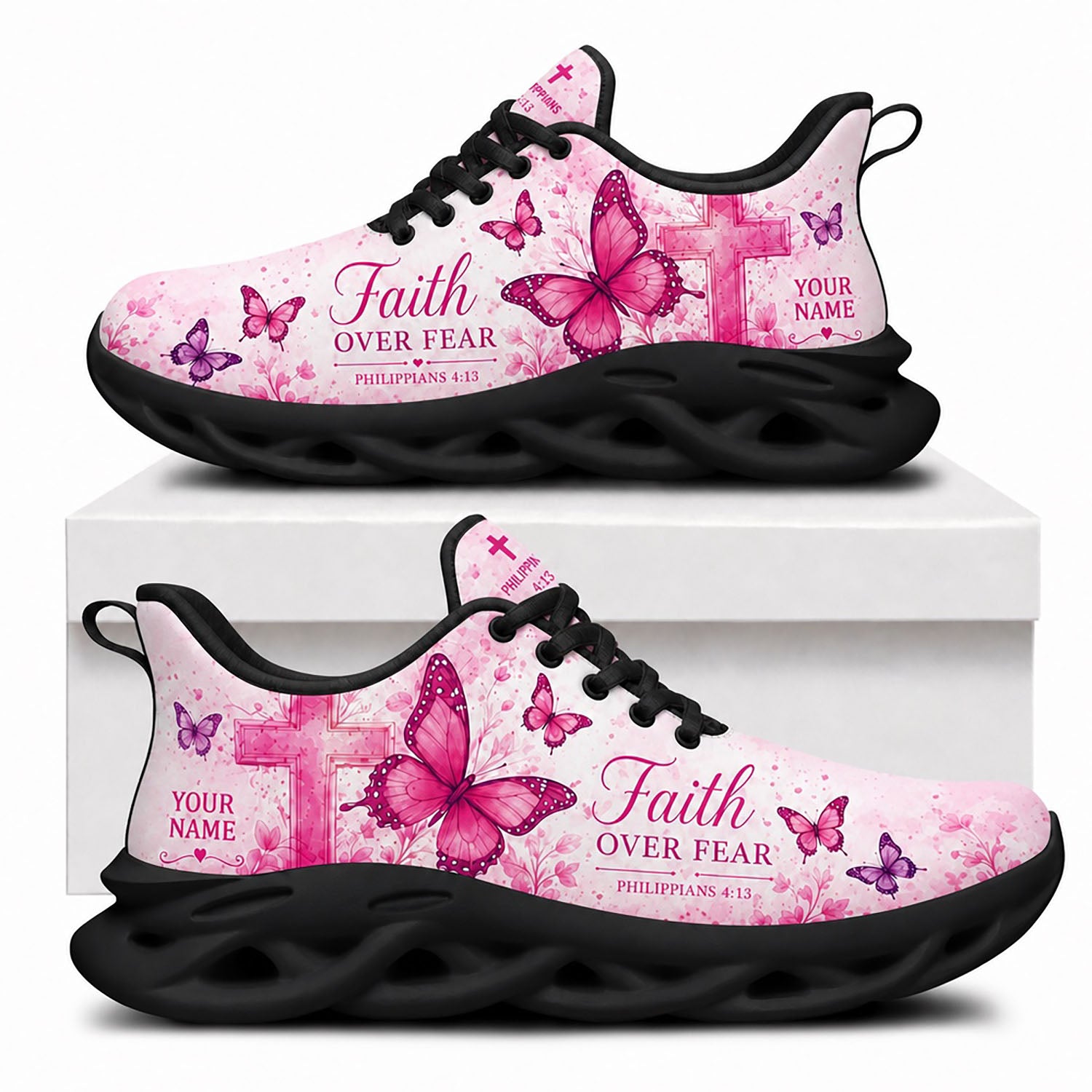 Side view of Custom Name Faith Over Fear Philippians 4:13 Max Soul Shoes in black sole showing the personalizable name area