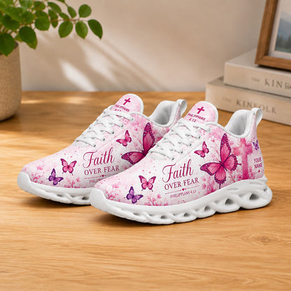 Lifestyle product presentation of Custom Name Faith Over Fear Philippians 4:13 Max Soul shoes with white soles styled on a wooden table